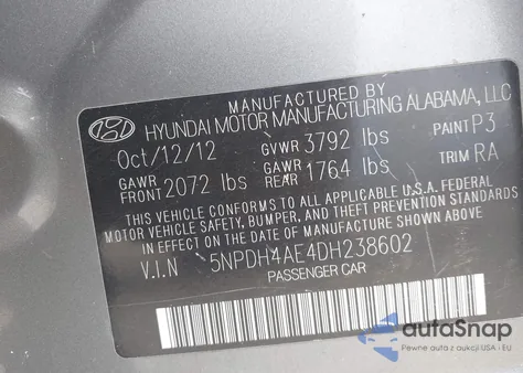 2013 Hyundai Elantra Limited from USA, damaged, VIN 5NPDH4AE4DH238602